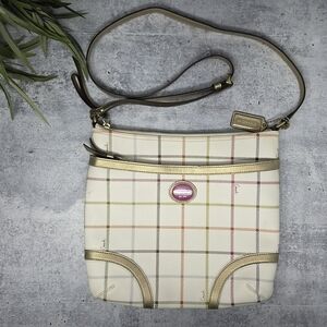 Coach | Peyton Tattersall Shoulder Bag Adjustable Strap Cream Pink Green Purple